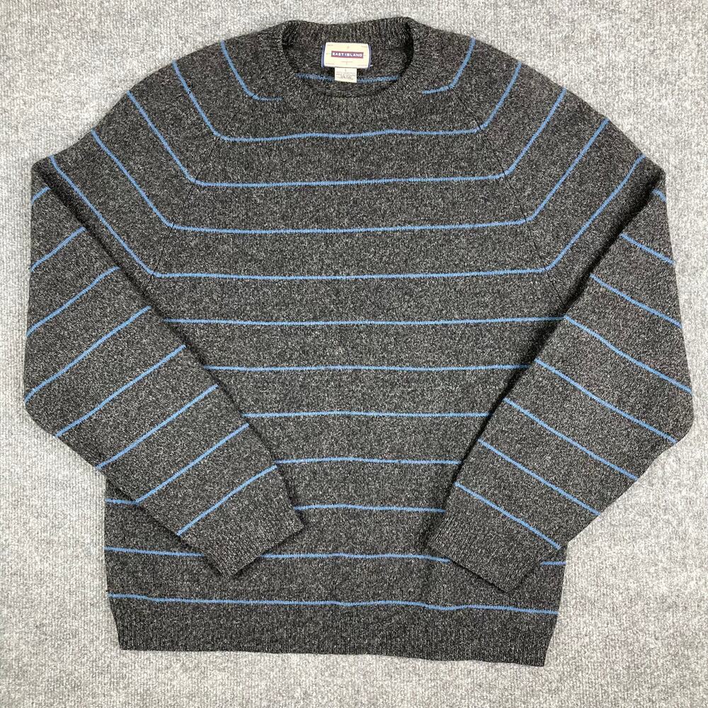 East Island Sweater Mens Size L Gray Blue Stripe Pullover Crewneck Lambswool‎